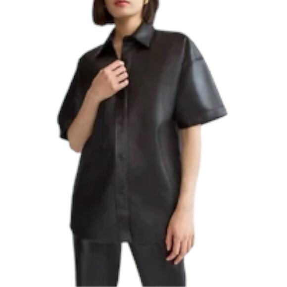 Babaton Frances Vegan Leather Leather Short Sleeve Shirt Button Front Black sz M - Picture 1 of 11